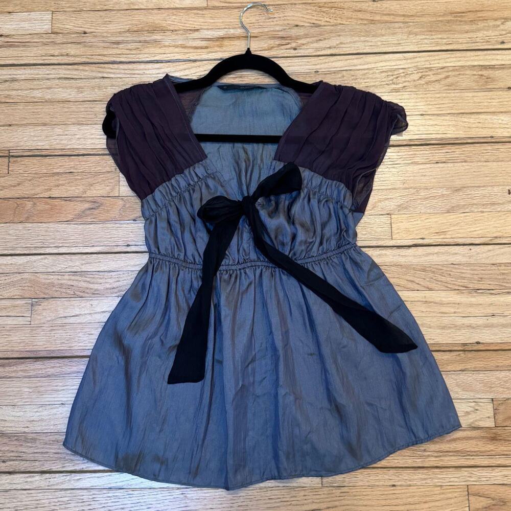 Zucozz silver silk sheer bow blouse